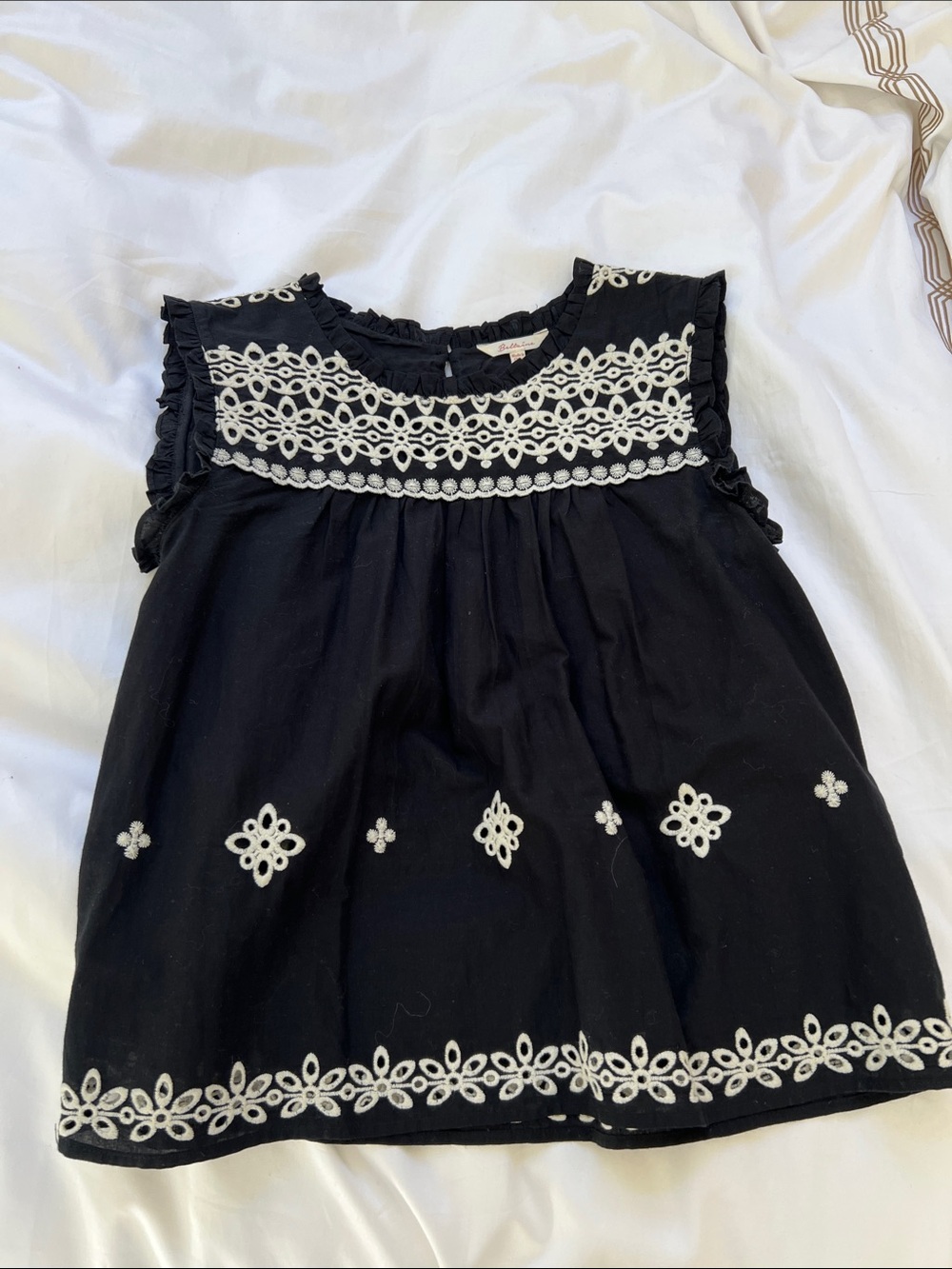 Black Embroidered Cotton Top - White Floral Trim